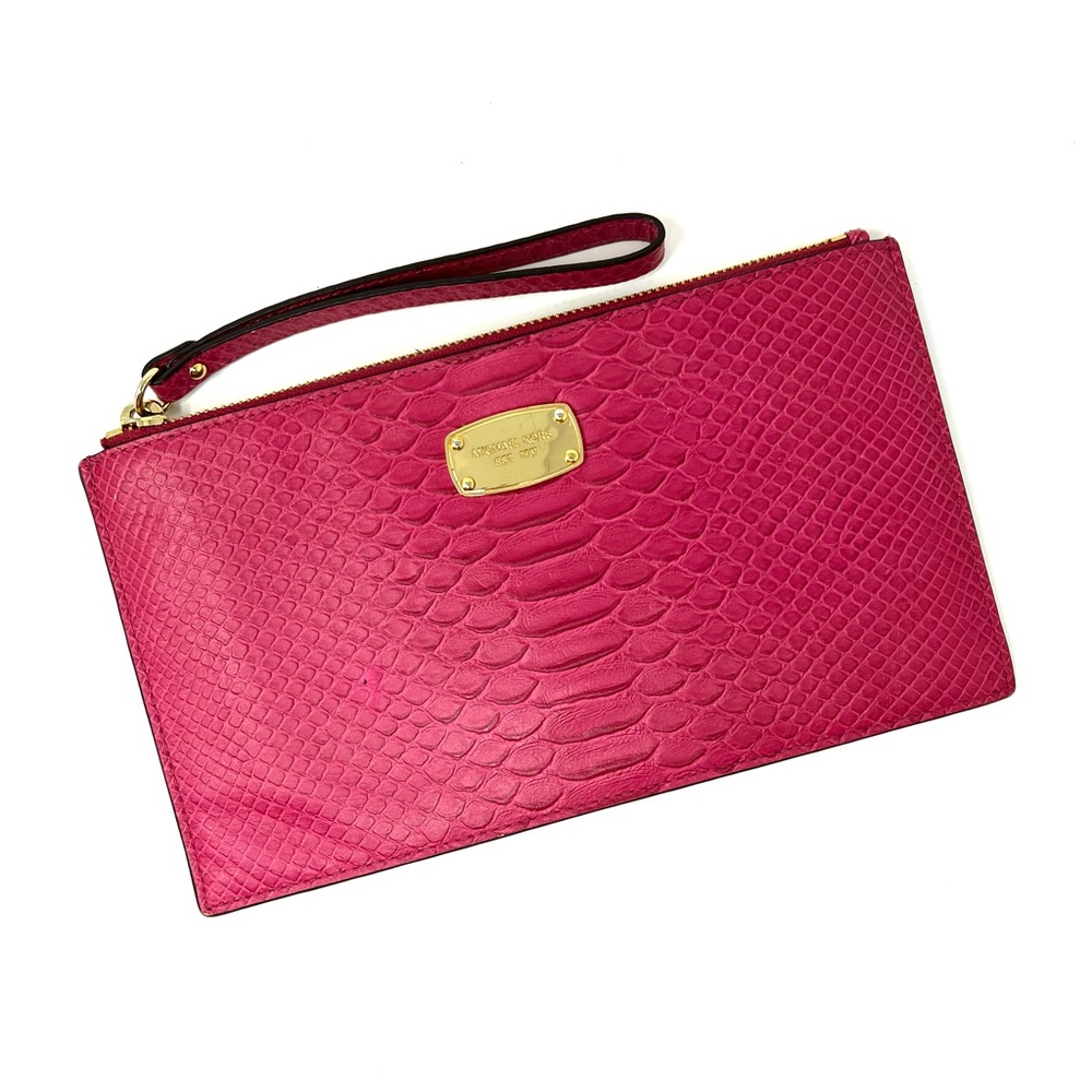 Michael Kors Pink Leather Embossed Snake Print Wristlet Clutch Wallet